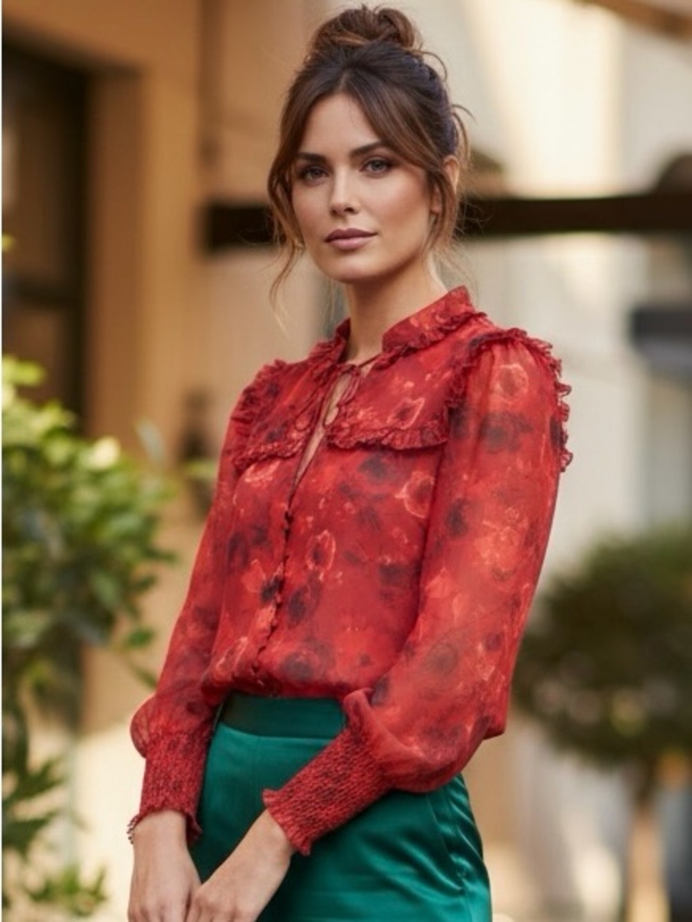 Alice + Olivia Red Rose Floral Chiffon Blouse | SIZE XS